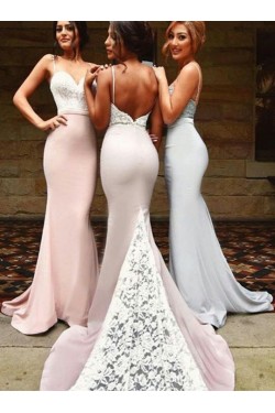 Trumpet/Mermaid Spaghetti Straps Lace Long Bridesmaid Dresses 3010021