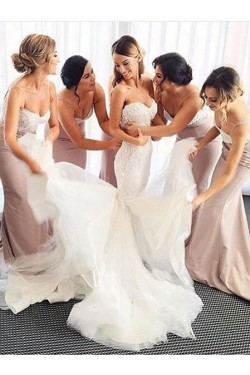 Trumpet/Mermaid Sweetheart Lace Long Pink Bridesmaid Dresses 3010026