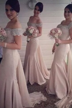 Trumpet/Mermaid Off-the-Shoulder Beaded Long Bridesmaid Dresses 3010027