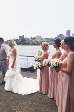 Long Pink Floor-Length Chiffon Wedding Party Dresses Bridesmaid Dresses 3010029