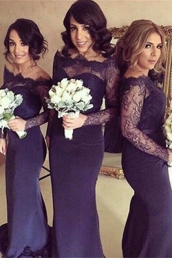 Long Sleeves Purple Lace Mermaid Wedding Party Dresses Bridesmaid Dresses 3010034