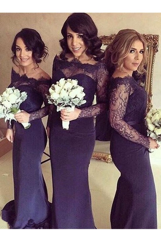 Long Sleeves Purple Lace Mermaid Wedding Party Dresses Bridesmaid Dresses 3010034
