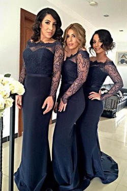 Long Sleeves Navy Blue Lace Mermaid Wedding Party Dresses Bridesmaid Dresses 3010035