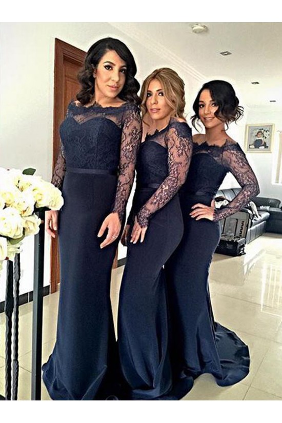 Long Sleeves Navy Blue Lace Mermaid Wedding Party Dresses Bridesmaid Dresses 3010035 Long Sleeves Navy Blue Lace Mermaid Wedding Party Dresses Bridesmaid Dresses 3010035