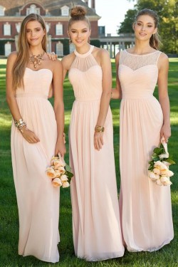 Lace Illusion Neckline Long Pink Floor-Length Chiffon Lace Wedding Party Dresses Bridesmaid Dresses 3010039
