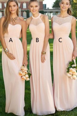 Lace Illusion Neckline Long Pink Floor-Length Chiffon Lace Wedding Party Dresses Bridesmaid Dresses 3010039