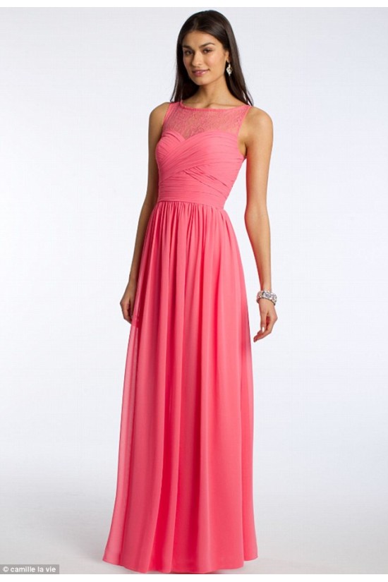 Lace Illusion Neckline Long Pink Floor-Length Chiffon Lace Wedding Party Dresses Bridesmaid Dresses 3010039 Lace Illusion Neckline Long Pink Floor-Length Chiffon Lace Wedding Party Dresses Bridesmaid Dresses 3010039