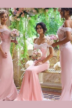 Trumpet/Mermaid Off-the-Shoulder Lace Long Pink Wedding Party Dresses Bridesmaid Dresses 3010042