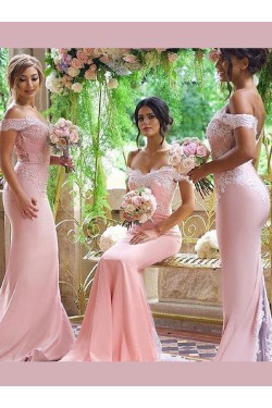 Trumpet/Mermaid Off-the-Shoulder Lace Long Pink Wedding Party Dresses Bridesmaid Dresses 3010042