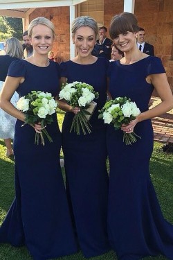 Trumpet/Mermaid Cap-Sleeves Long Blue Wedding Party Dresses Bridesmaid Dresses 3010043