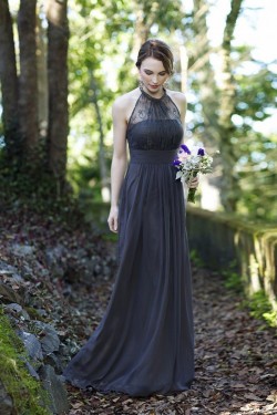 Column Halter Chiffon Lace Floor-Length Wedding Party Dresses Bridesmaid Dresses 3010049