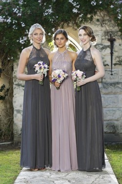 Column Halter Chiffon Lace Floor-Length Wedding Party Dresses Bridesmaid Dresses 3010049