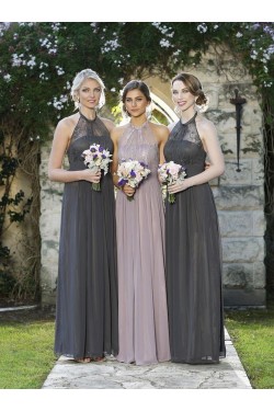 Column Halter Chiffon Lace Floor-Length Wedding Party Dresses Bridesmaid Dresses 3010049