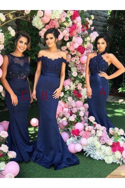 Trumpet/Mermaid Long Blue Lace Wedding Party Dresses Bridesmaid Dresses 3010051