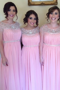 Long Pink Beaded Chiffon Wedding Party Dresses Bridesmaid Dresses 3010054