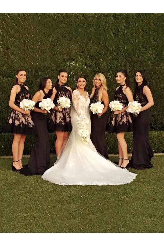 A-Line Halter Short Black Lace Knee-Length Wedding Party Dresses Bridesmaid Dresses 3010062