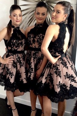 A-Line Halter Short Black Lace Knee-Length Wedding Party Dresses Bridesmaid Dresses 3010062