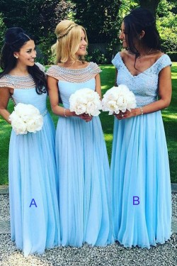 Long Blue Beaded Chiffon Floor-Length Wedding Party Dresses Bridesmaid Dresses 3010063