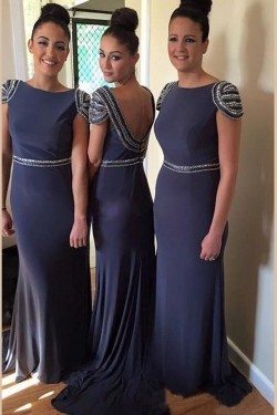 Cap-Sleeves Beaded Long Wedding Party Dresses Bridesmaid Dresses 3010064