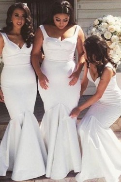 Trumpet/Mermaid Straps Sleeves Long White Wedding Party Dresses Bridesmaid Dresses 3010071