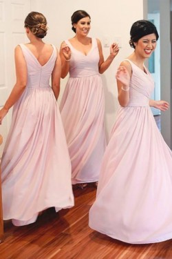 A-Line V-Neck Straps Long Pink Wedding Party Dresses Bridesmaid Dresses 3010073
