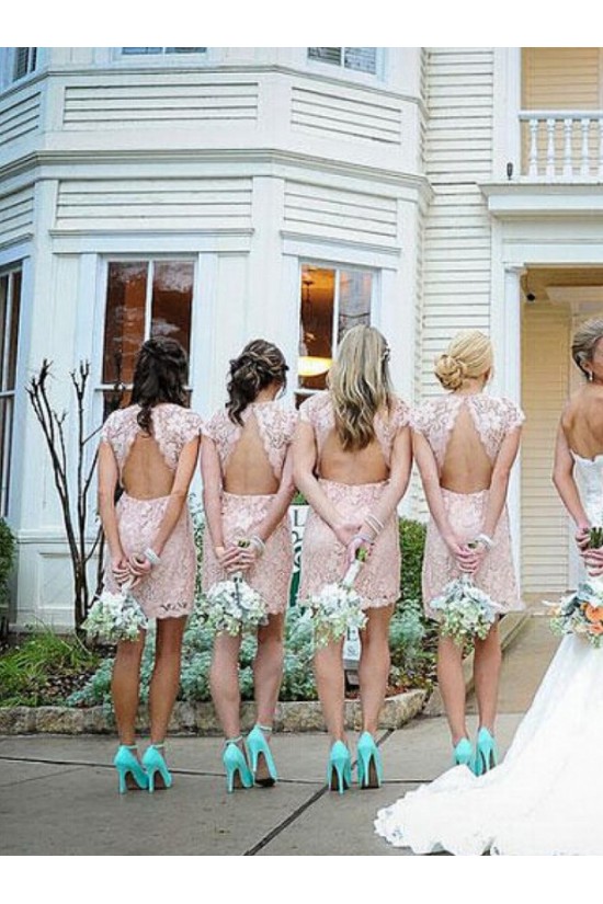 Short Lace Cap-Sleeves Lace Wedding Party Dresses Bridesmaid Dresses 3010074