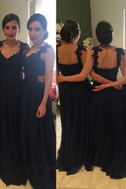 Long Navy Blue Lace Straps Sleeveless Wedding Party Dresses Bridesmaid Dresses 3010080