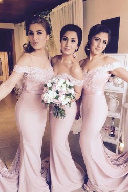 Trumpet/Mermaid Off-the-Shoulder Lace Wedding Party Dresses Bridesmaid Dresses 3010083