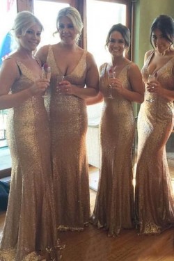 Trumpet/Mermaid V-Neck Straps Sequins Gold Long Wedding Party Dresses Bridesmaid Dresses 3010084