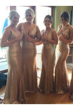 Trumpet/Mermaid V-Neck Straps Sequins Gold Long Wedding Party Dresses Bridesmaid Dresses 3010084