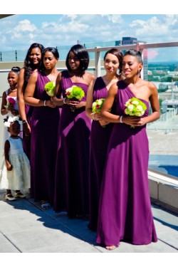 Long Purple Chiffon One-Shoulder Wedding Party Dresses Bridesmaid Dresses 3010086