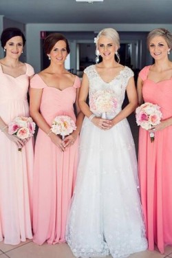 Cap-Sleeves Long Chiffon Wedding Party Dresses Bridesmaid Dresses 3010087