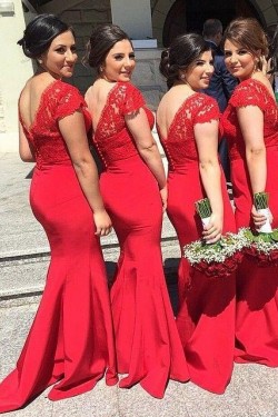 Trumpet/Mermaid Cap-Sleeves V-neck Lace Long Red Wedding Party Dresses Bridesmaid Dresses 3010092