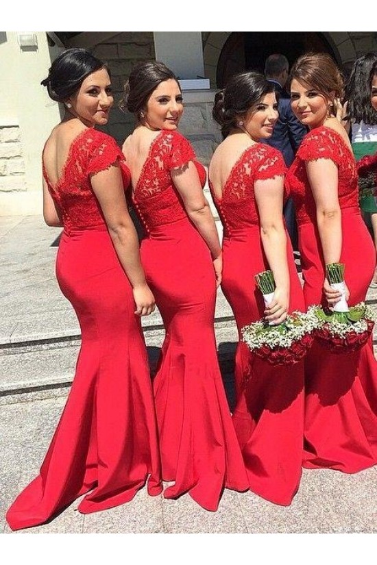 Trumpet/Mermaid Cap-Sleeves V-neck Lace Long Red Wedding Party Dresses Bridesmaid Dresses 3010092 Trumpet/Mermaid Cap-Sleeves V-neck Lace Long Red Wedding Party Dresses Bridesmaid Dresses 3010092
