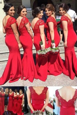 Trumpet/Mermaid Cap-Sleeves V-neck Lace Long Red Wedding Party Dresses Bridesmaid Dresses 3010092