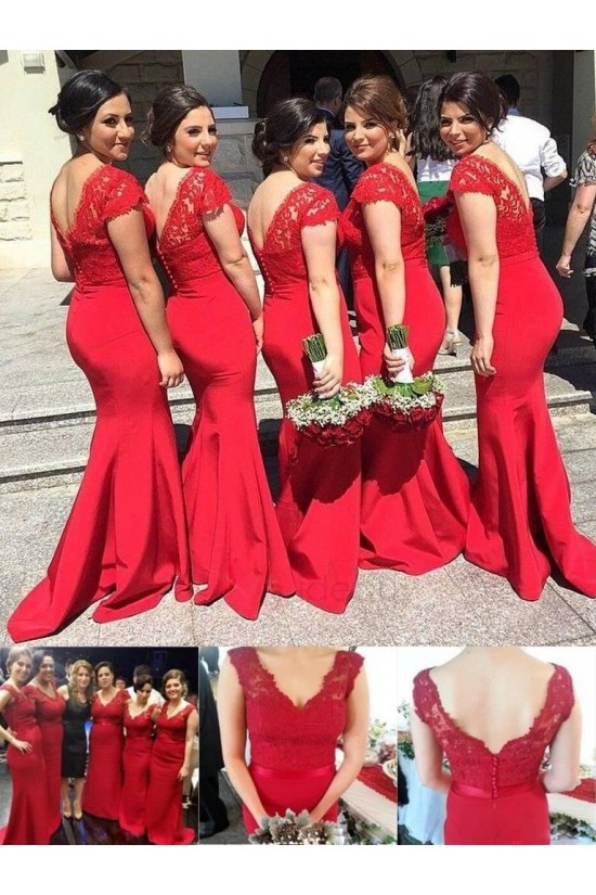 Trumpet/Mermaid Cap-Sleeves V-neck Lace Long Red Wedding Party Dresses Bridesmaid Dresses 3010092 Trumpet/Mermaid Cap-Sleeves V-neck Lace Long Red Wedding Party Dresses Bridesmaid Dresses 3010092