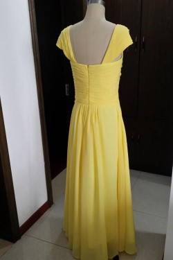 Cap-Sleeves Long Yellow Chiffon Wedding Party Dresses Bridesmaid Dresses 3010095