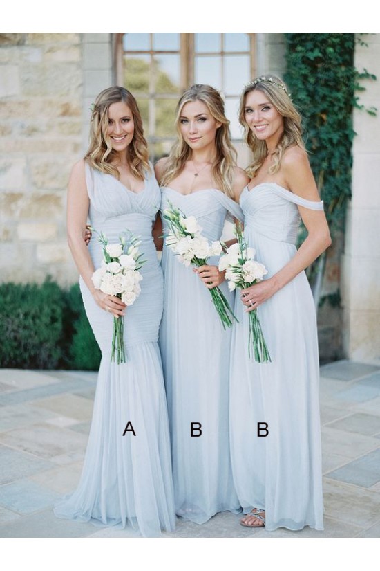 A Line Ruched Chiffon Pale Light Blue Bridesmaid Gowns Off the Shoulder Sweetheart Neckline Floor Length 3010098