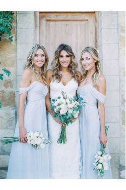 A Line Ruched Chiffon Pale Light Blue Bridesmaid Gowns Off the Shoulder Sweetheart Neckline Floor Length 3010098