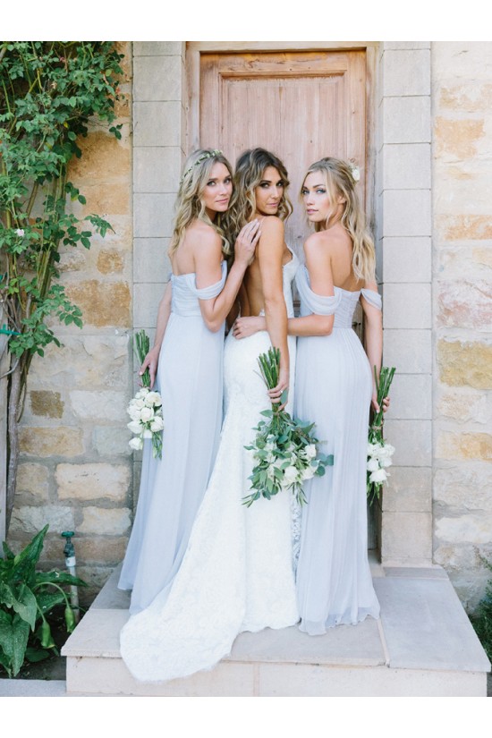A Line Ruched Chiffon Pale Light Blue Bridesmaid Gowns Off the Shoulder Sweetheart Neckline Floor Length 3010098