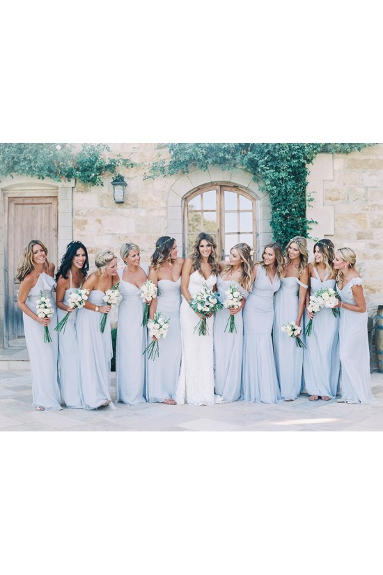 A Line Ruched Chiffon Pale Light Blue Bridesmaid Gowns Off the Shoulder Sweetheart Neckline Floor Length 3010098