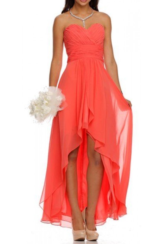 High Low Ruched Bodice Sweetheart Layered Coral Wedding Guest Bridesmaid Dresses 3010109