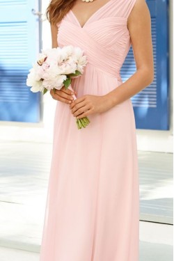 Long Pink V-Neck Chiffon Wedding Guest Dresses Bridesmaid Dresses 3010114