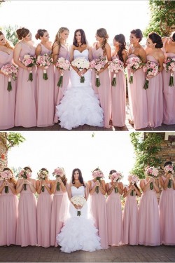 Pink One-Shoulder Floor-Length Chiffon Wedding Guest Dresses Bridesmaid Dresses 3010123