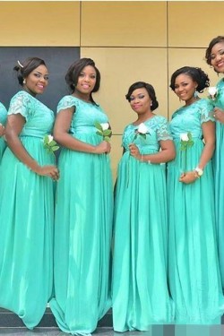 Mint Green Short Sleeves Chiffon Lace Plus Size Long Wedding Guest Dresses Bridesmaid Dresses 3010163