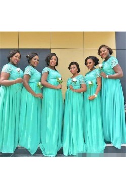 Mint Green Short Sleeves Chiffon Lace Plus Size Long Wedding Guest Dresses Bridesmaid Dresses 3010163