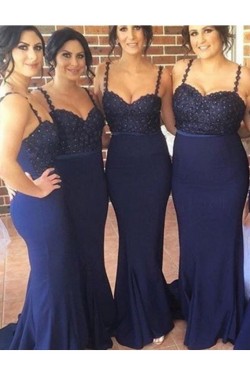 Mermaid Spaghetti Straps Long Navy Wedding Guest Dresses Bridesmaid Dresses 3010169