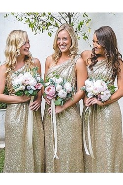 One-Shoulder Sequins Long Wedding Guest Dresses Bridesmaid Dresses 3010179