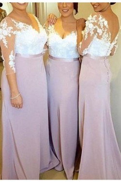 3/4 Length Sleeves V-Neck Lace Long Wedding Guest Dresses Bridesmaid Dresses 3010190