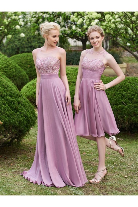 A-Line Lace Chiffon Illusion Neckline Long Wedding Guest Dresses Bridesmaid Dresses 3010219